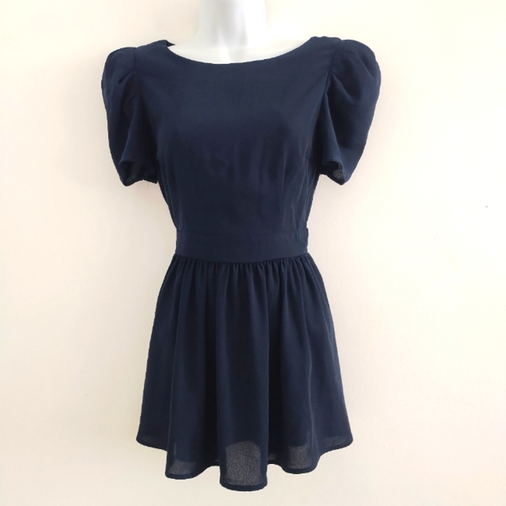 Topshop Puff Sleeve Navy Dress